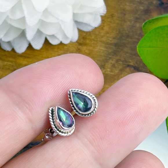 Mystic Topaz Earrings Solid Sterling Silver 925 Green Purple Gemstone Stud Post - Picture 2 of 7